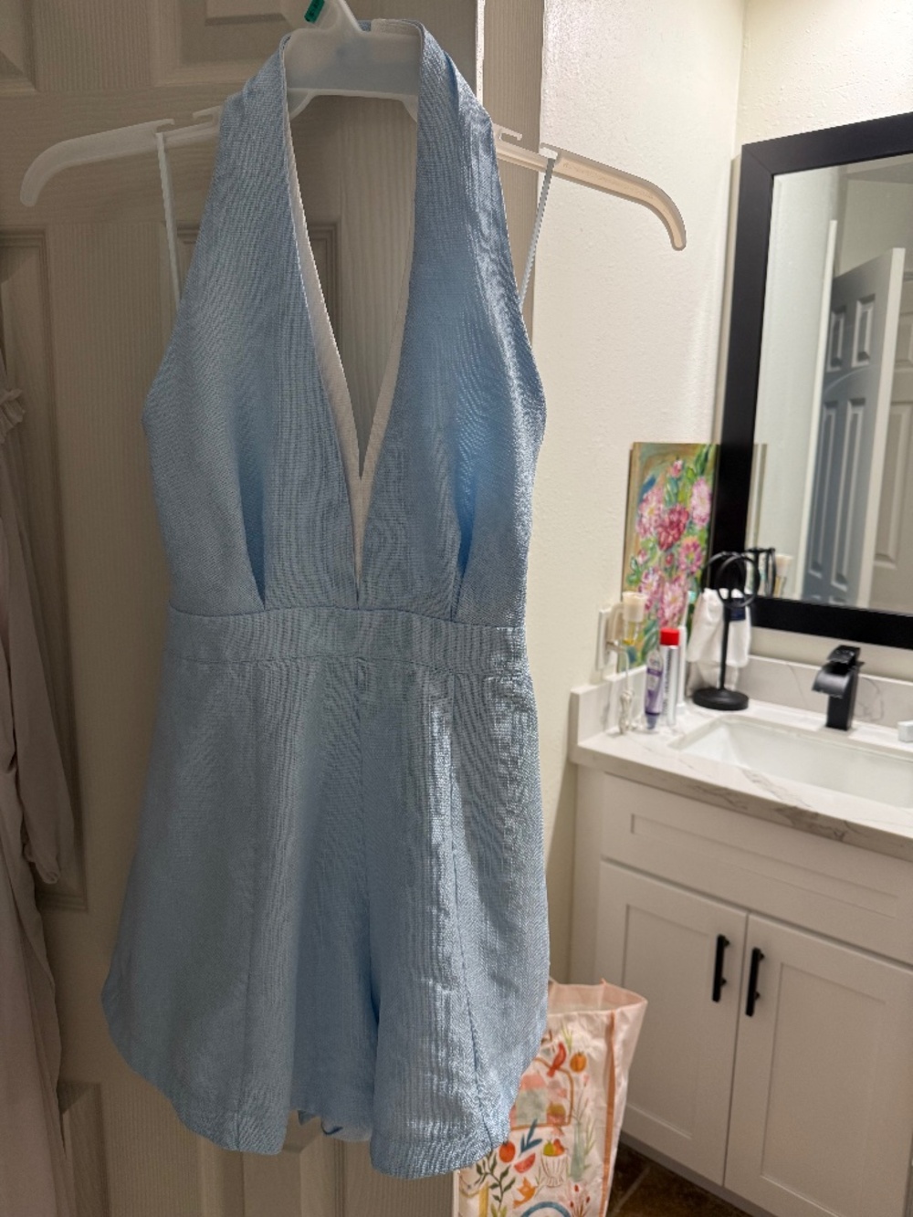 Blue and white dressy romper